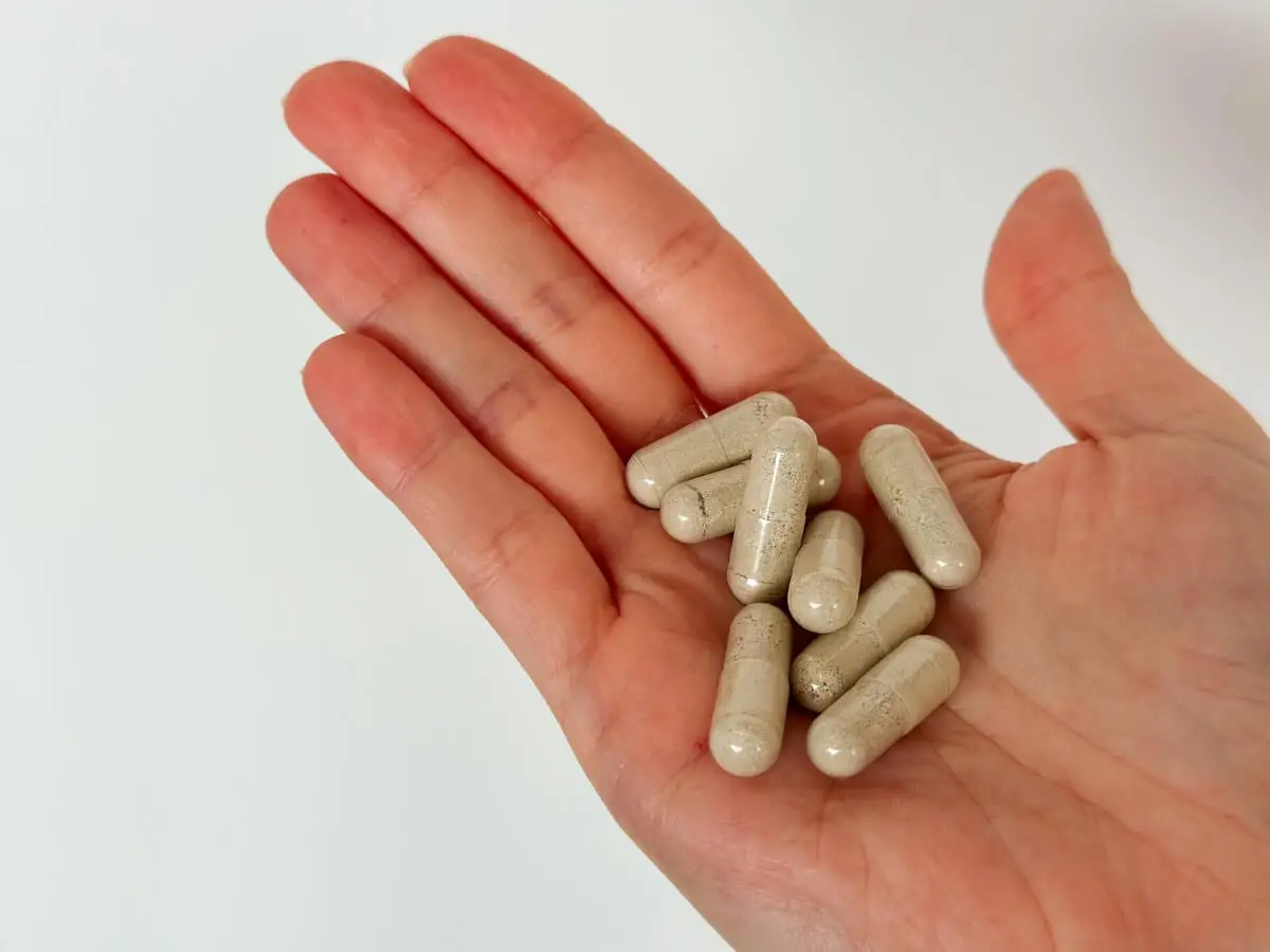 Tabletky ashwagandha položené na dlani.  