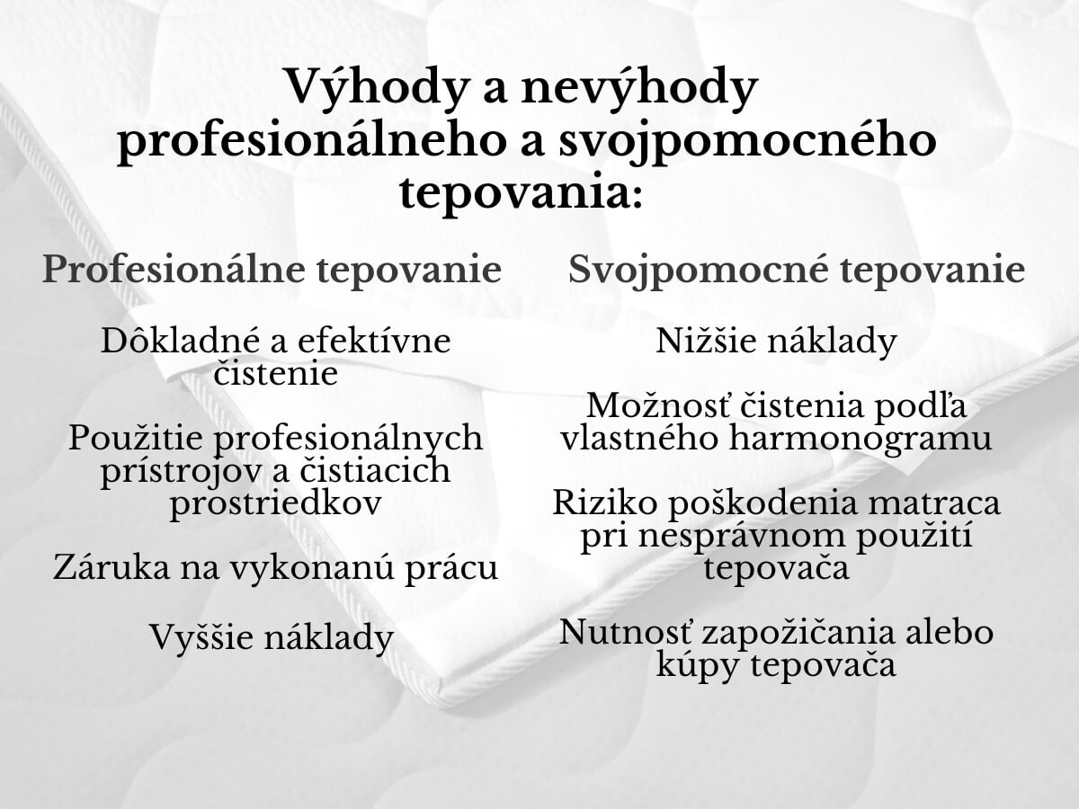 Výhody a nevýhody profesionálneho a svojpomocného tepovania.